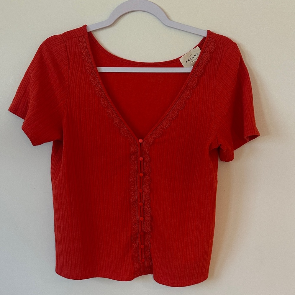 Sezane Red Button-Front Blouse